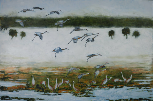 Original oil painting of a group of Sandhill Cranes flying in the fog by Geoffrey C. Smith