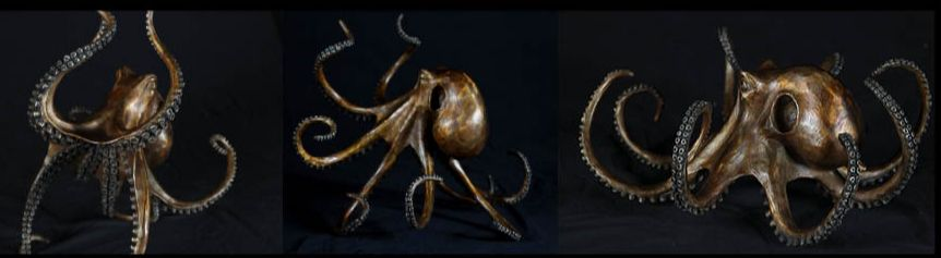 Dance of the Depths bronze sculpture series by Geoffrey Smith depicting one octopus reaching high, one reaching low, and one lying low