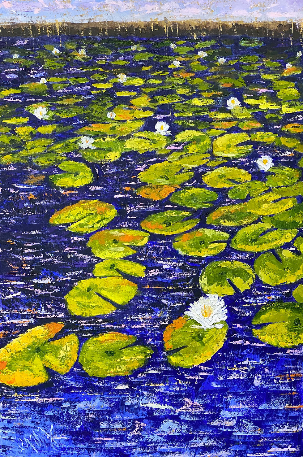 Thumbnail: Water lilies oil painting diptych by Geoffrey C. Smith showing vibrant green lily pads on deep blue reflective water.