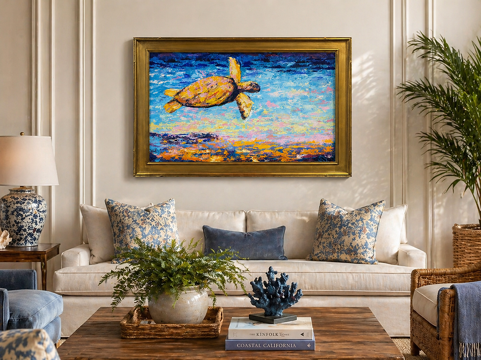 Thumbnail: Installed contemporary fauve style oil painting of a sea turtle over a cream sofa in a coastal living room layout.