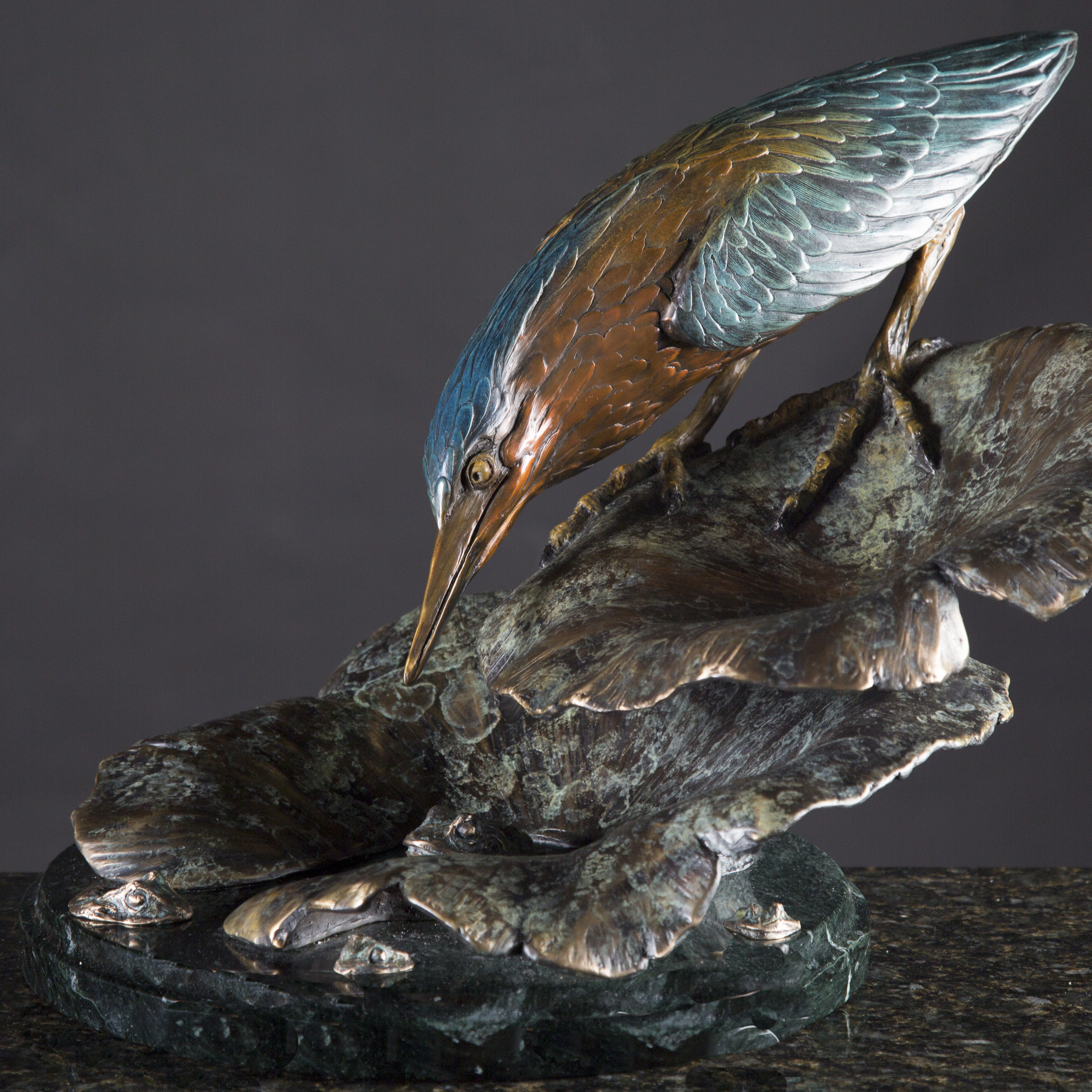 Green Heron on Lotus bronze sculpture