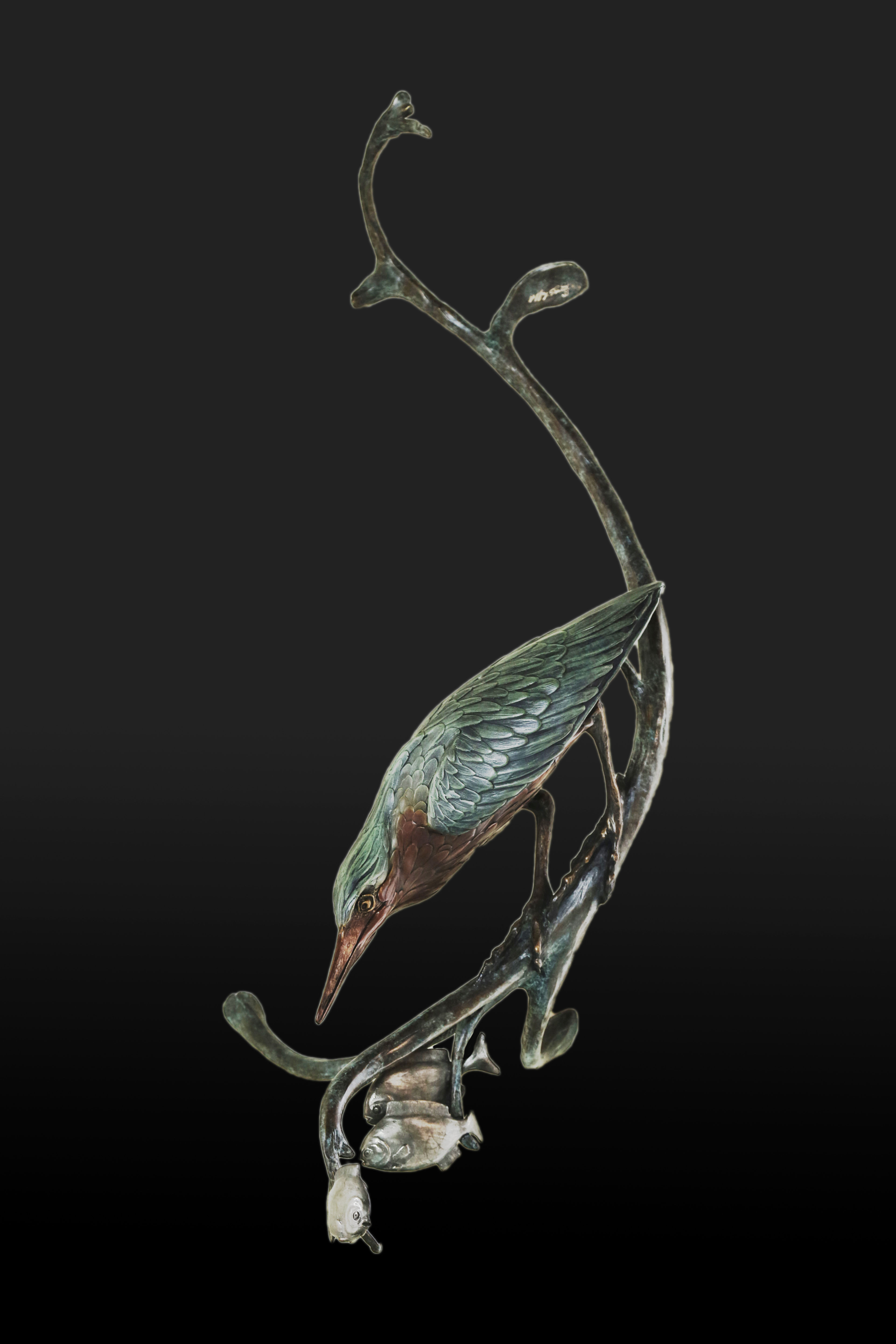 Striking Distance limited edition green heron bronze sculpture with pinfish by Geoffrey C. Smith