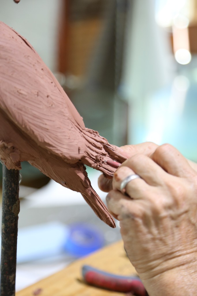 a close-up of Geoffrey perfecting the feathers on his clay osprey