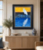 Installation of framed egret painting displayed on a wall over a wooden table in a brightly lit modern living room mockup.