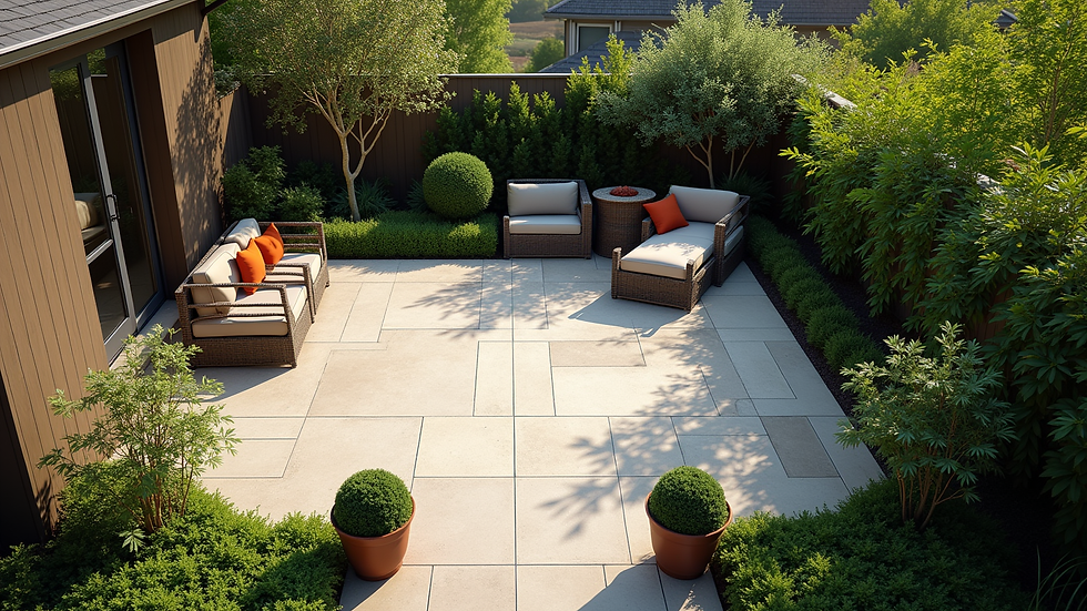 High angle view of a small landscaped yard with patio and plants