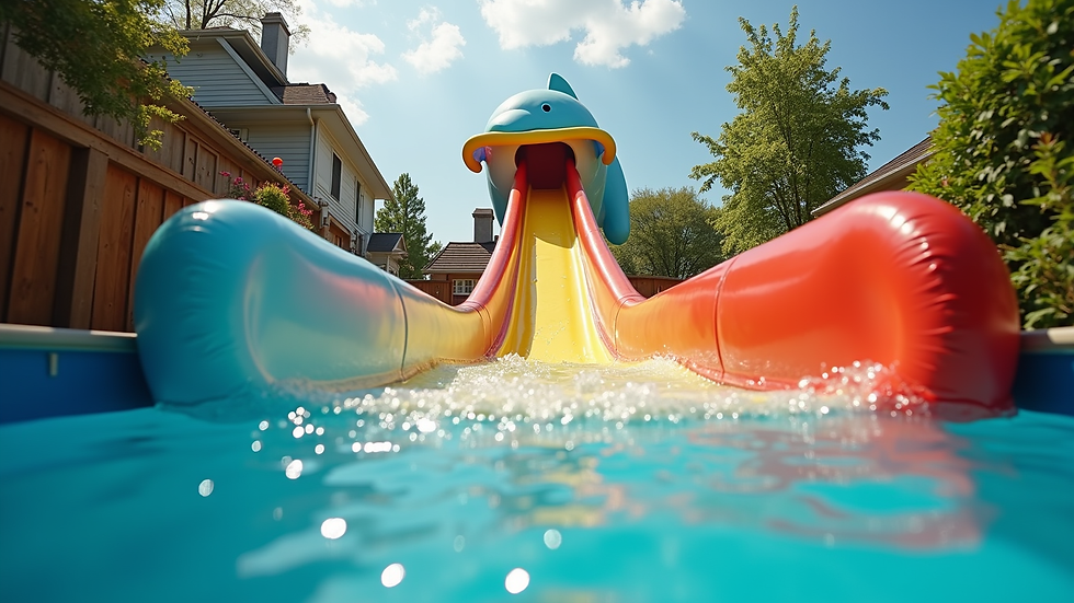 Eye-level view of a large colorful dolphin waterslide set up in a backyard