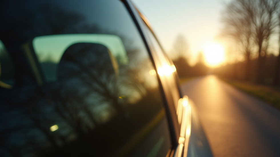 Close-up view of a car window with dark tint reflecting sunlight