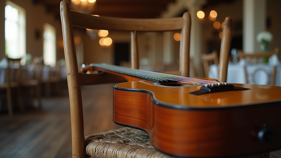 Close-up view of an acoustic guitar resting on a wooden chair at a rustic wedding venue