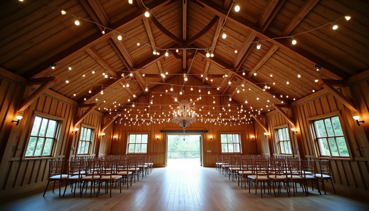 Eye-level view of a rustic barn wedding venue with wooden beams and string lights