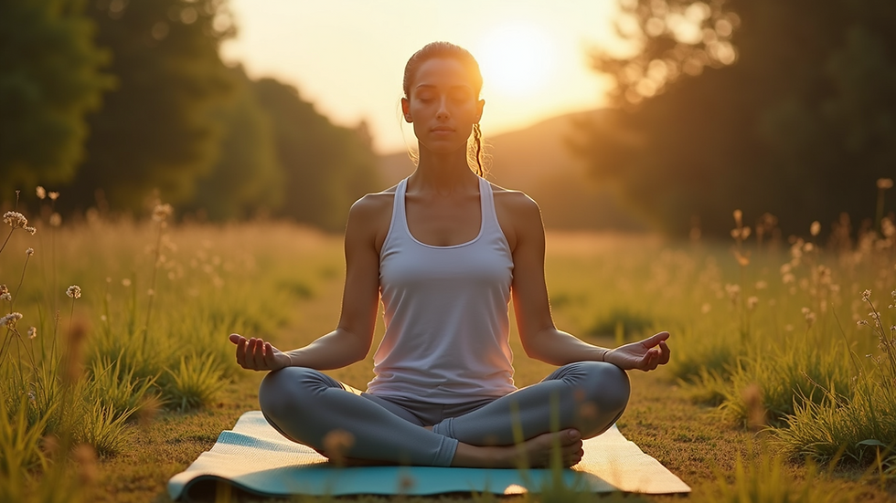 Eye-level view of a person meditating outdoors with yoga mat and nature surrounding