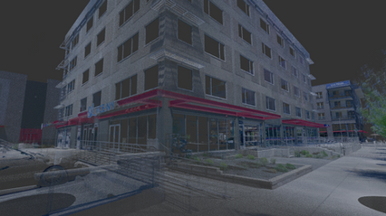 A low-angle view of a modern multi-story building façade at dusk, featuring large glass windows and a prominent red awning. The structure is situated at the corner of a street, with outdoor seating visible along the sidewalk, inviting pedestrians. The image is rendered with a semi-transparent effect, creating an artistic impression of the environment while highlighting details such as landscaping and nearby buildings. The atmosphere gives a sense of urban life in the evening, with shadows and lighting adding depth to the scene.
