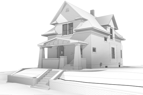 3D grayscale rendering of a Victorian-style house, featuring a detailed front porch with columns, multiple roof gables, and a set of stairs leading up to the entrance, viewed from an elevated angle.