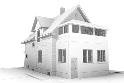 3D grayscale rendering of a Victorian-style house featuring a side view with multiple gabled roofs, large windows, and a distinct architectural design, including an entrance door on the side.