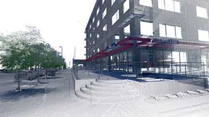 A perspective view of a modern multi-story building's entrance, showcasing wide steps leading up to the main entrance adorned with a vibrant red awning. The area is landscaped with trees and an accessible pathway, evident in the foreground. Large glass windows provide a view into the building, emphasizing its contemporary design. The image has a soft, artistic overlay that adds texture and depth, creating a dreamlike ambiance while highlighting the sleek lines and urban layout of the space.