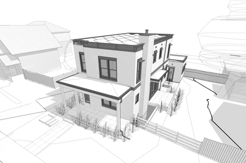 Architectural rendering of a two-story house in black and white, featuring a flat roof, a front porch, and surrounding landscaping, with additional buildings and structures visible in the background.
