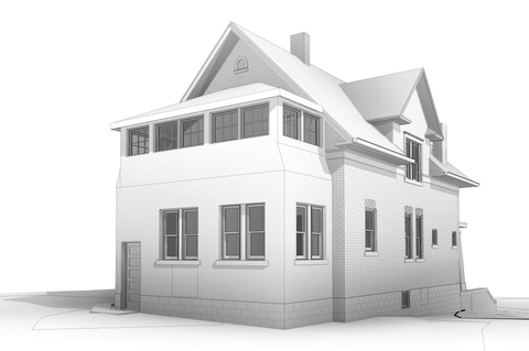 3D grayscale rendering of a Victorian-style house, showcasing a rear side view with multiple large windows, a prominent gabled roof, and a side entrance, highlighting the architectural details.