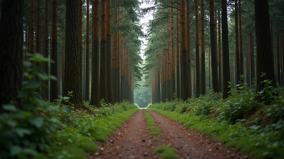 Eye-level view of a quiet forest path surrounded by tall trees