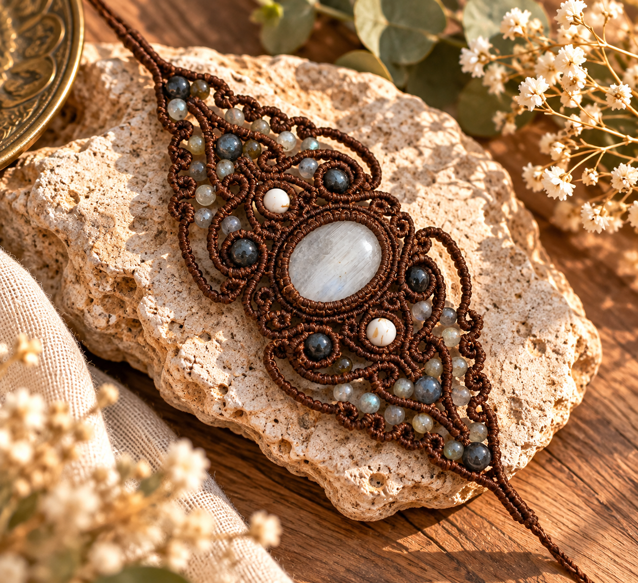 Handgemachtes Makramee-Armband mit Labradorit und Mondstein auf Naturstein-einzigartiges Schmuck von Macramm