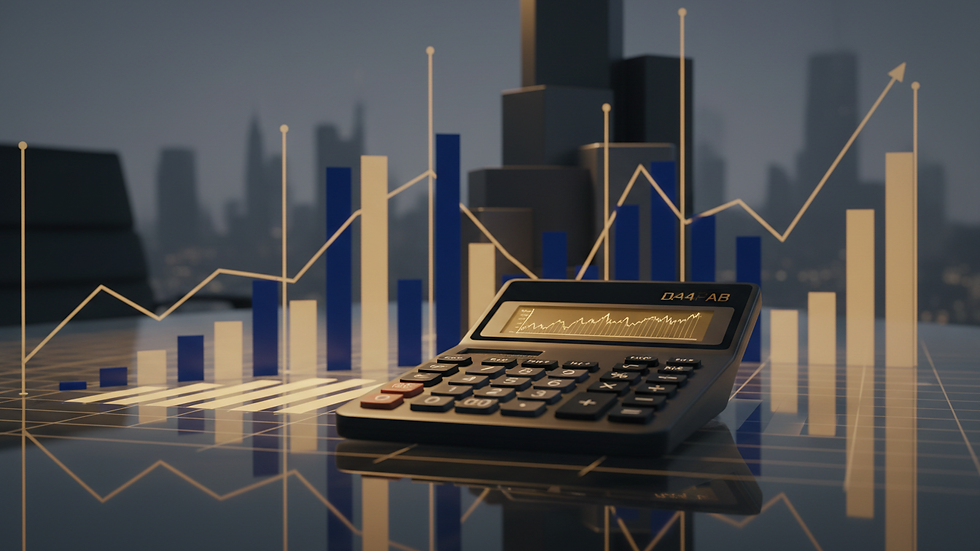 Close-up view of financial charts and calculator on a desk
