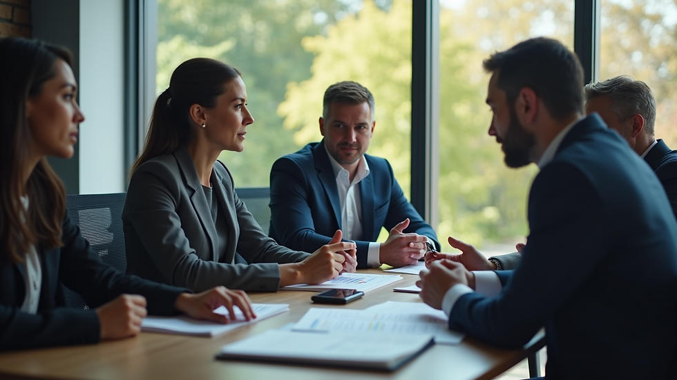 High angle view of a corporate team discussing M&A strategy