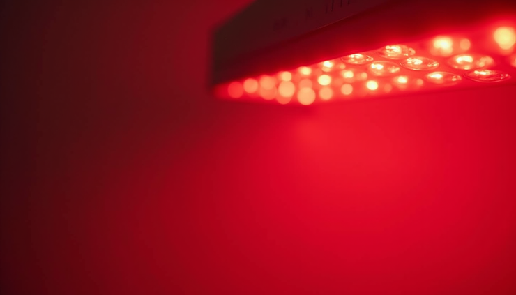 Close-up view of a red light therapy panel emitting bright red and infrared light