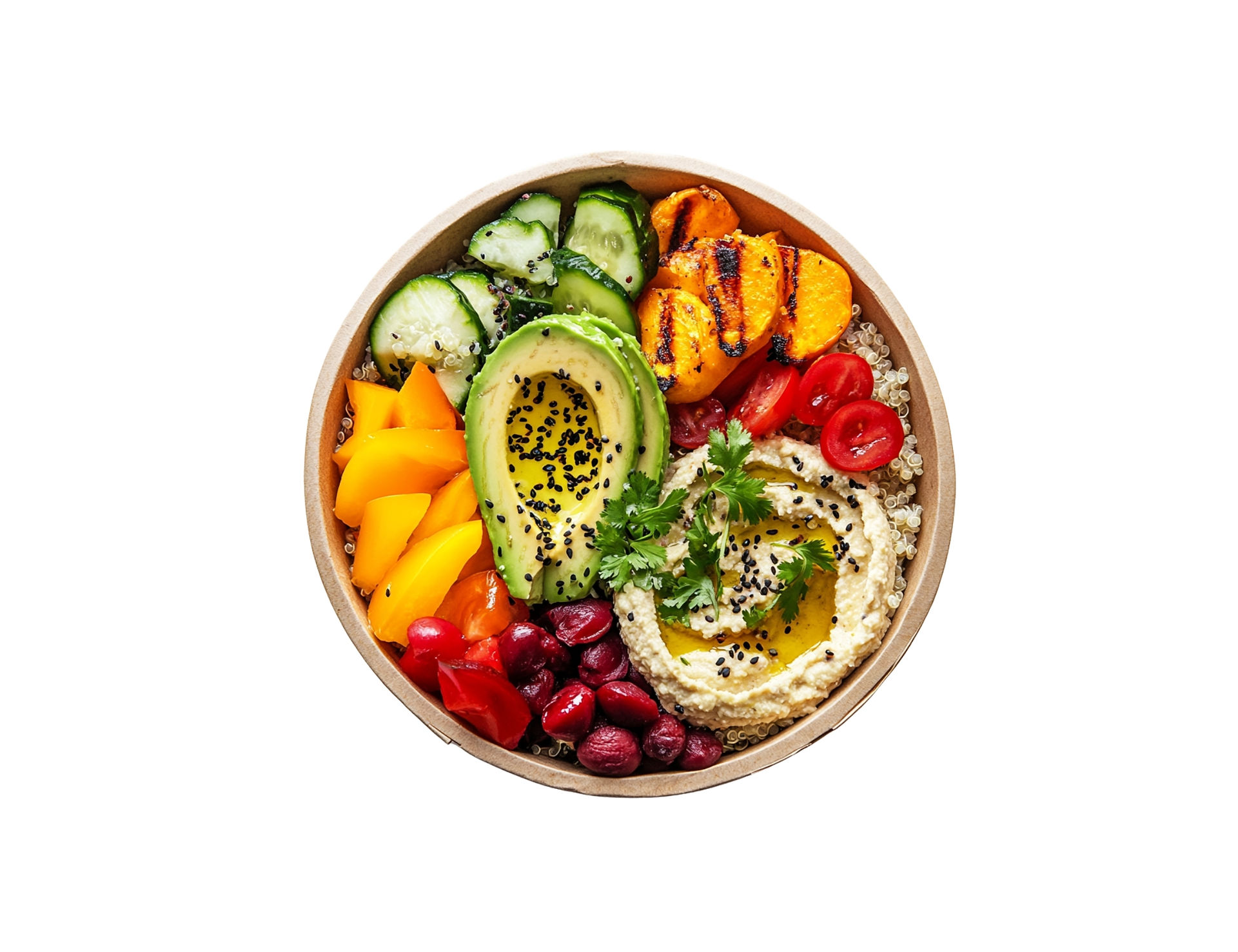 Salad with quinoa, hummus, cucumber, avocado, tomatoes and red beans