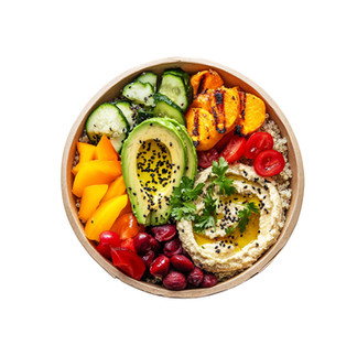 Salad with quinoa, hummus, cucumber, avocado, tomatoes and red beans