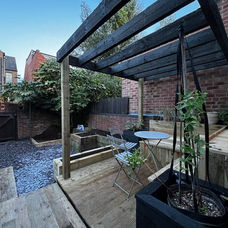 Small and beautiful garden with, planters, decking and pergola in Forest Fields, Nottingham