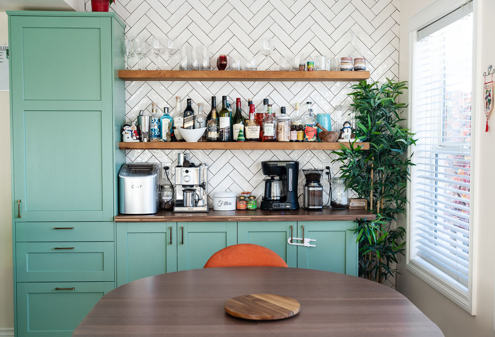 Open shelving in dining bar area