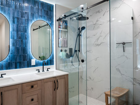 Calgary bathroom renovation with matte black rain shower