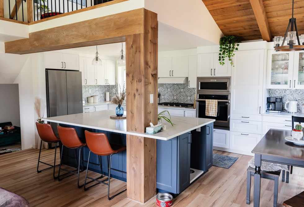 Custom cedar beam kitchen feature