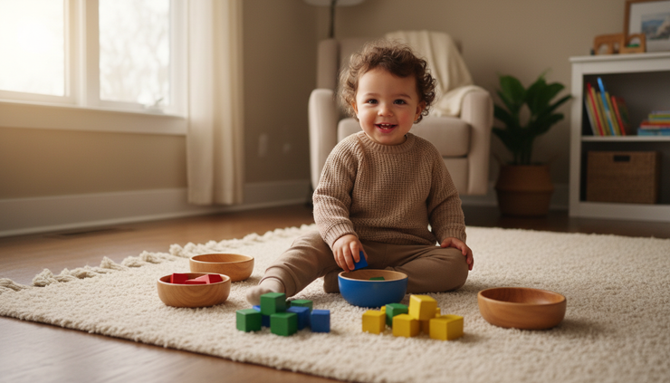 Eye-level view of a toddler sorting colorful blocks on a living room rug.