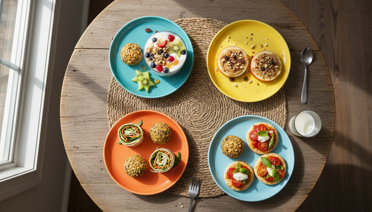 Overhead view of colorful healthy homeschool snacks on a kitchen table