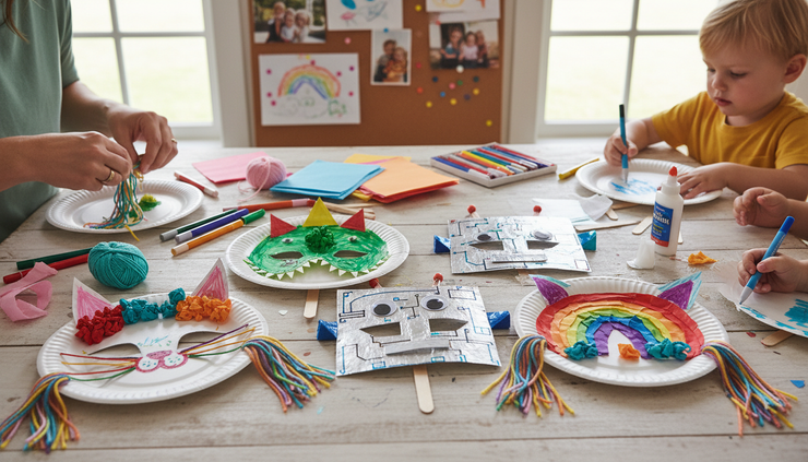 Eye-level view of handmade paper party masks drying on a craft table
