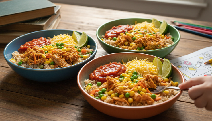Eye-level view of colorful rice bowls with chicken, vegetables, and simple toppings.