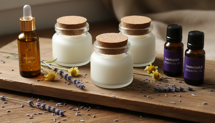 Close-up of small jars of lotion with dried herbs and essential oil bottles.