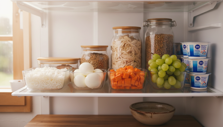 Wide-angle view of a refrigerator shelf with labeled containers of prepared family meal ingredients.