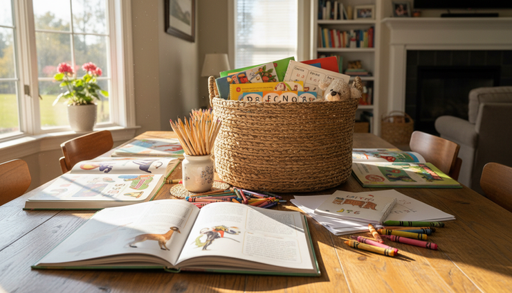 Wide-angle view of a cozy homeschool table with books, pencils, and a morning basket