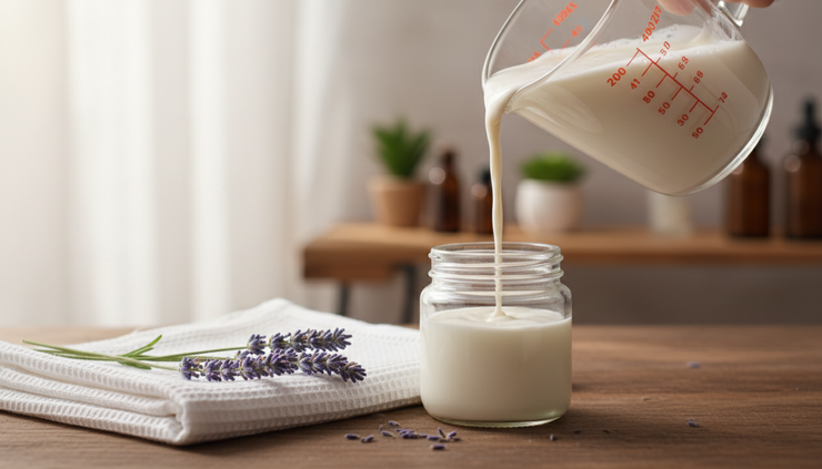 Eye-level view of freshly made lotion being poured into a small glass jar.