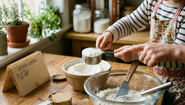 Close-up view of hands measuring flour during a homeschool math activity