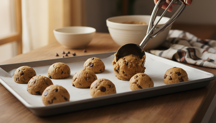 Eye-level view of cookie dough being scooped onto a parchment-lined baking sheet