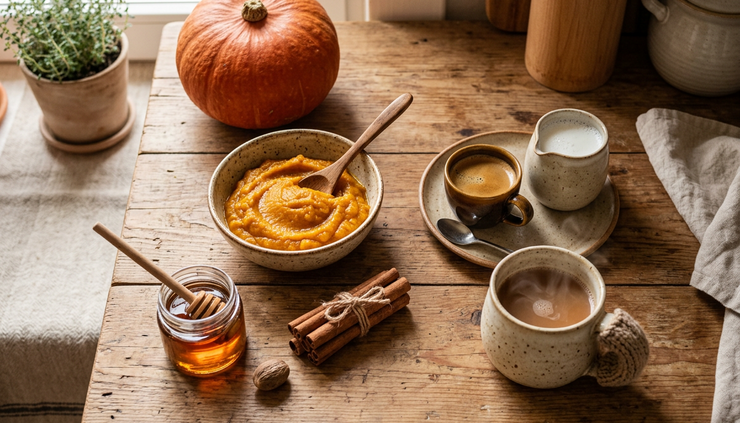 Overhead view of pumpkin latte ingredients arranged on a kitchen counter.