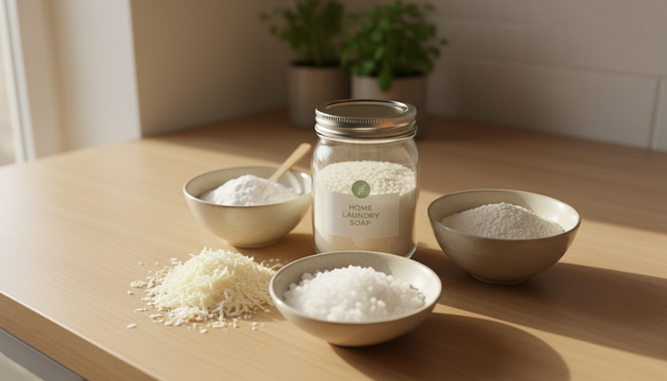 Overhead view of natural laundry soap ingredients in small bowls on a kitchen counter