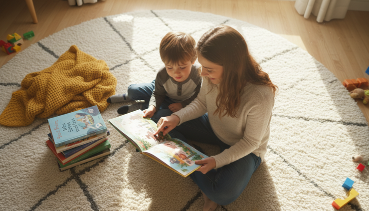 Overhead view of a mother and child reading together on a soft living room rug