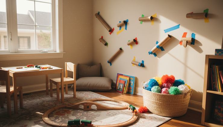 Wide-angle view of cardboard tubes taped to a wall with colorful pom-poms below.