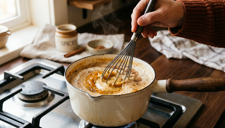 Close-up of pumpkin milk simmering in a small saucepan.