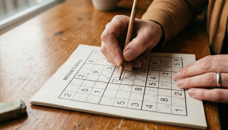 Close-up of a hand placing a number into a Sudoku grid with careful pencil marks.