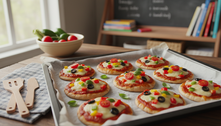 Wide-angle view of mini pita pizzas topped with vegetables on a baking sheet