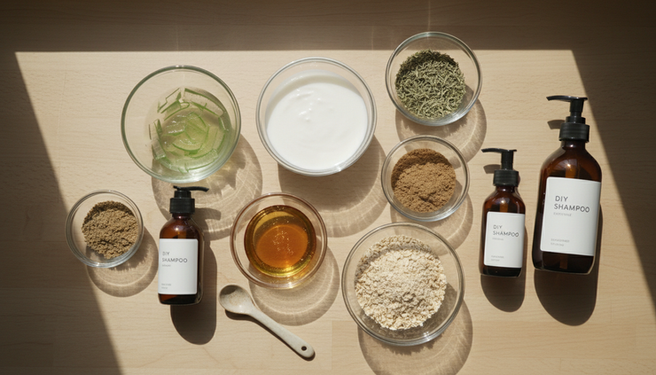 Overhead view of natural shampoo ingredients in small bowls beside herbs and glass bottles.