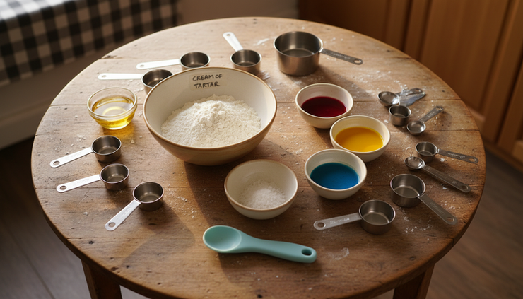 Overhead view of homemade playdough ingredients on a kitchen table.